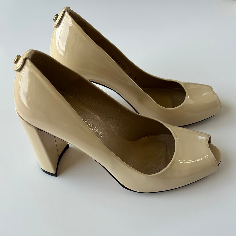 Stuart Weitzman Nude Patent Peep Toe Block Heel Pumps Spritely Size 8.5 M Spain - Picture 7 of 15